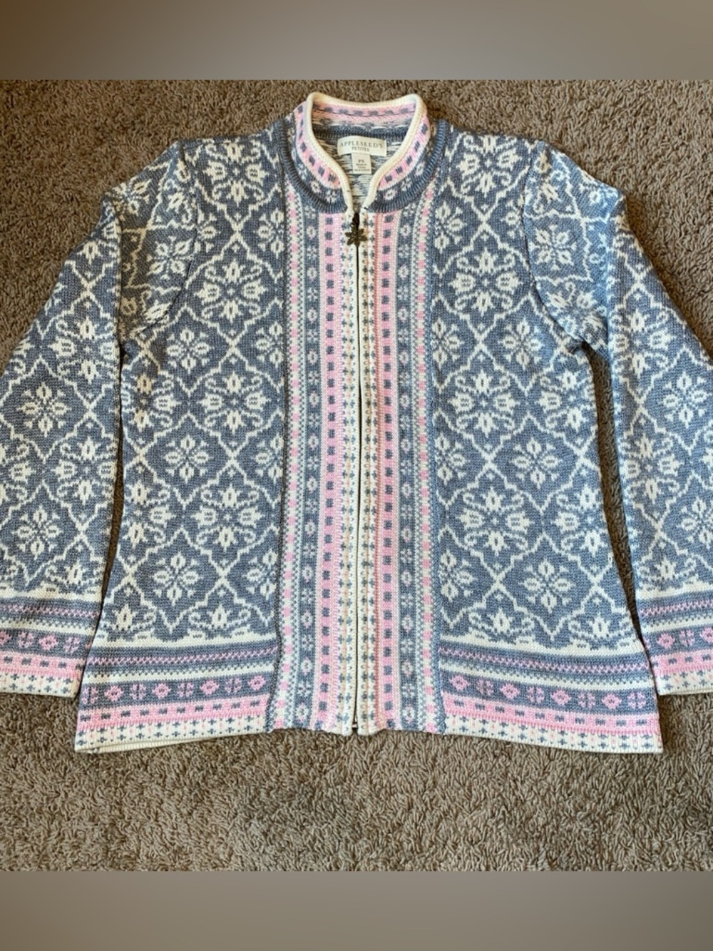 Vintage Appleseed’s Nordic Snowflake Zip Cardigan Petite Small Gray Pink Wool